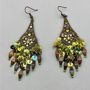 Vintage Boho Chandelier Dangle Earrings Green Gold Sequin Bead 3.5” Drop